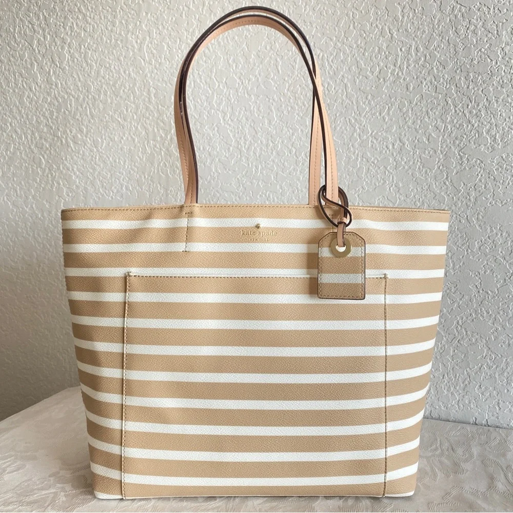 Kate Spade beige White Stripes Front Pocket Tote
